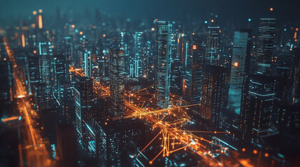 Naklejka premium Smart Innovation city with connection cyber security network reciprocity over the night cityscape future wireless digital city and social media networking systems that connects people in the city