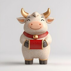 Adorable Smiling Cow Figurine with Golden Horns Holding a Red Gift, Dressed in a Festive Red Collar, Embodying Playful Charm, Celebration, and Artistic Whimsy in Modern Design