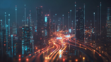 Fototapeta premium Smart Innovation city with connection cyber security network reciprocity over the night cityscape future wireless digital city and social media networking systems that connects people in the city