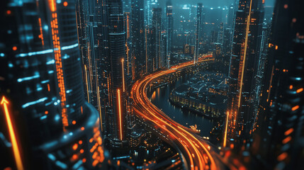 Fototapeta premium Smart Innovation city with connection cyber security network reciprocity over the night cityscape future wireless digital city and social media networking systems that connects people in the city