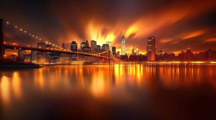 Obraz premium A stunning sunset over a city skyline with a bridge reflecting on the water.