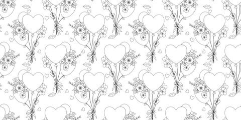 The Cute Doodle Heart Flower Balloon Valentine in a Seamless Pattern