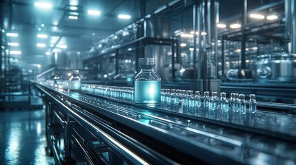 A modern pharmaceutical production facility with vials on a conveyor belt.