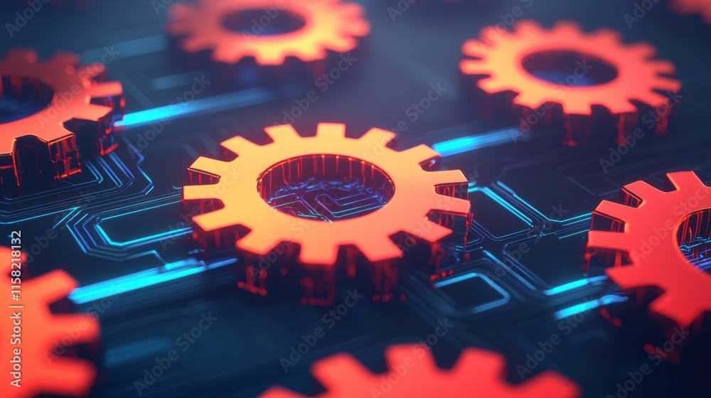 Poster gears merging into a digital grid, symbolizing technology and innovation