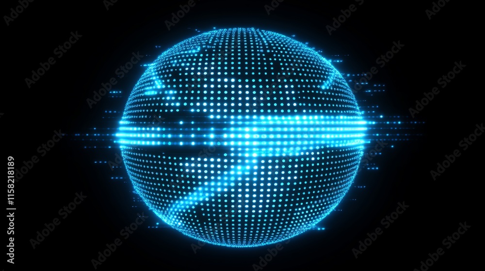 Poster a digital globe composed of glowing blue dots, representing global connectivity and technology.