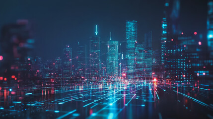 Smart Innovation city with connection cyber security network reciprocity over the night cityscape future wireless digital city and social media networking systems that connects people in the city