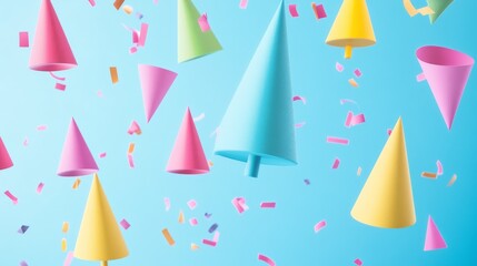 Colorful party hats floating in celebration.