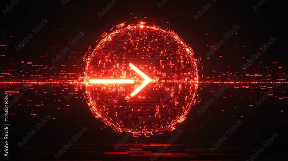 Poster a glowing red sphere with an arrow, symbolizing direction and digital technology.