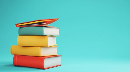 Colorful stack of books on turquoise background.