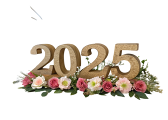 Wooden numbers 2025 decorated with flower on white background. PNG transparent         

