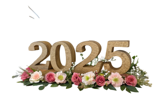 Wooden numbers 2025 decorated with flower on white background. PNG transparent         


