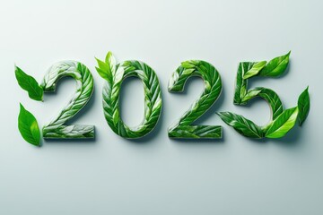 The year "2025" formed from green leaves, arranged beautifully on a soft gradient background blending green and white tones, symbolizing sustainability and growth.