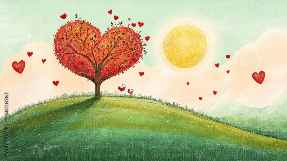 Aufkleber Whimsical Valentines Day landscape featuring a heart shaped tree and a bright sun with copy space for custom text. Generative AI