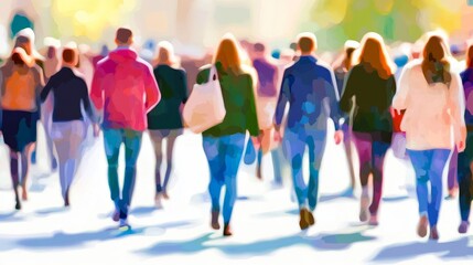 Fototapeta premium Crowd of people walking in a vibrant city setting.