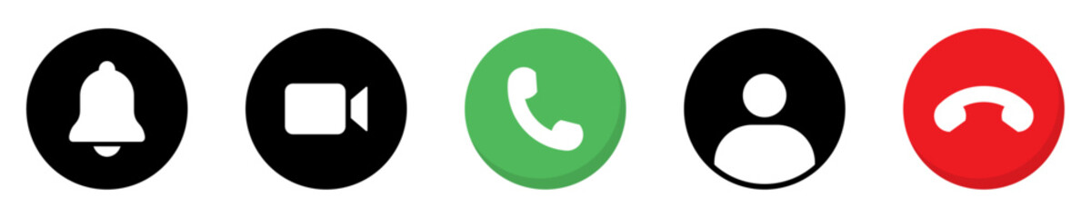 Collection of buttons for the phone call user. Video communication buttons. Avatar, video call, handset, notification and mute buttons. Interface buttons for mobile connection. Vector illustration.