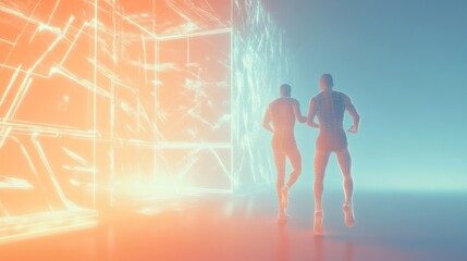 Dynamic runners in a futuristic setting.