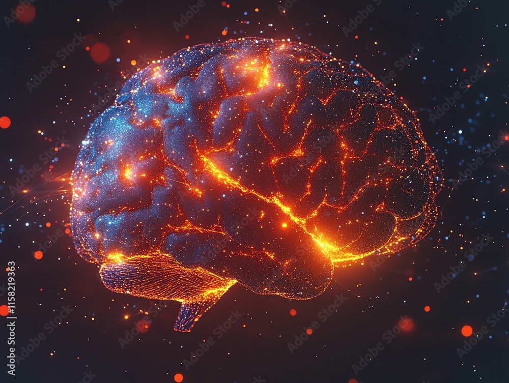 Poster a glowing brain illustration representing neural activity and creativity.