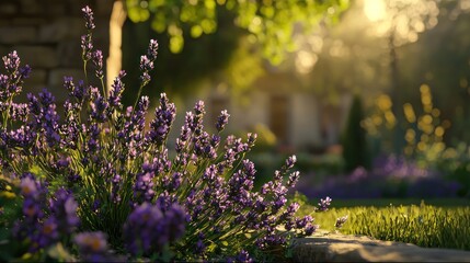 Obraz premium A serene garden scene featuring blooming lavender and soft sunlight.