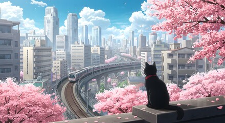 Cherry Blossoms, City, and a Cat