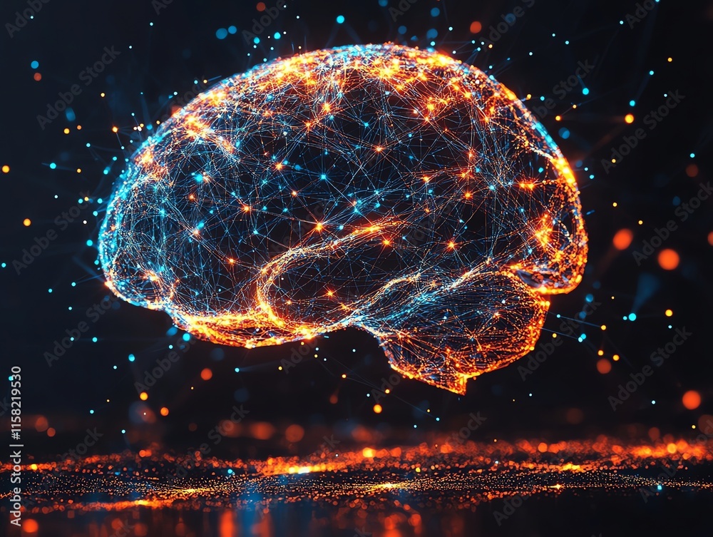 Poster A digital representation of a brain interconnected with glowing networks of data.
