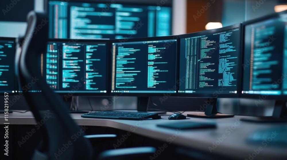 Aufkleber Multiple computer monitors displaying programming code in a dark office: software development concept