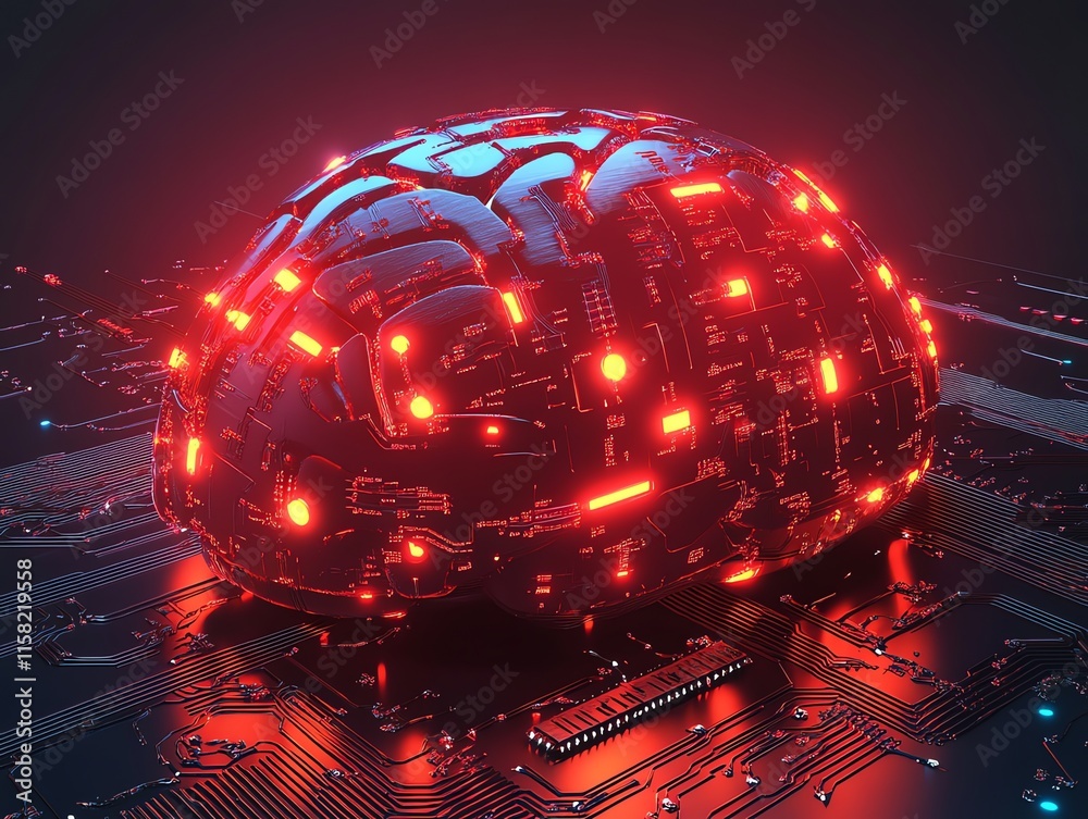 Poster A futuristic brain made of circuits, illuminated with red lights, symbolizing technology and AI.