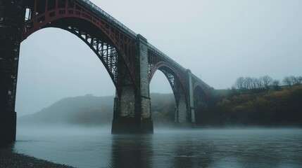 Fototapeta premium A misty view of a large red and stone bridge spanning a river in a tranquil landscape.