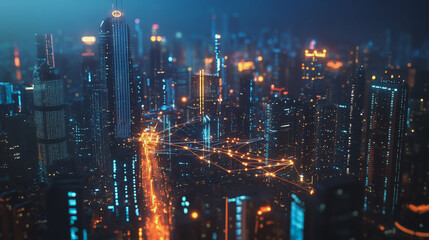 Smart Innovation city with connection cyber security network reciprocity over the night cityscape future wireless digital city and social media networking systems that connects people in the city