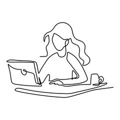 Secretary On Computer Office Graphic Design Line Art Vector Decoration
