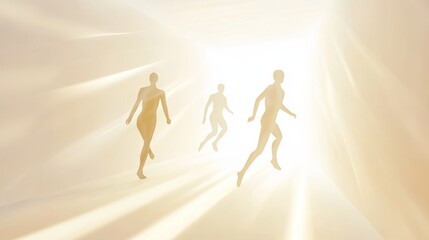 Obraz premium Figures running towards a bright, illuminated exit.