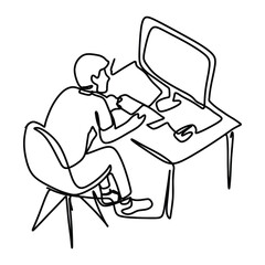 Secretary On Computer Office Graphic Design Line Art Vector Decoration