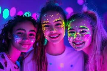 Obraz premium Gen Z friends with neon face paint, glowing in UV light, festival night setting, playful expressions, bright colorful background, vibrant energy 