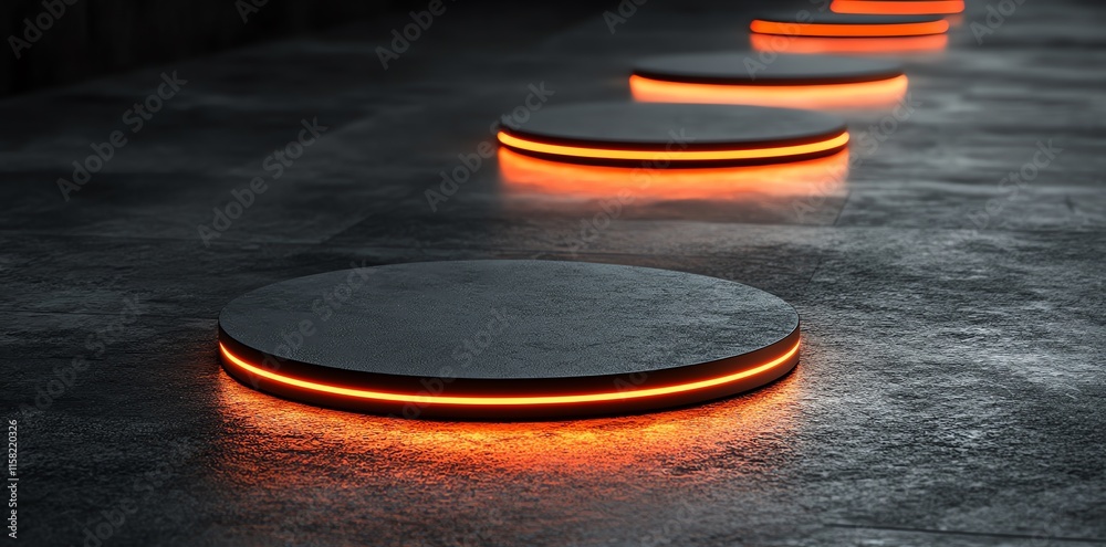Aufkleber A series of illuminated circular platforms on a textured surface.