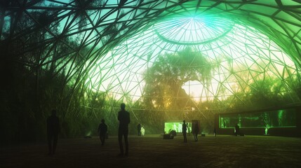 Fototapeta premium Futuristic greenhouse with silhouettes at dusk.
