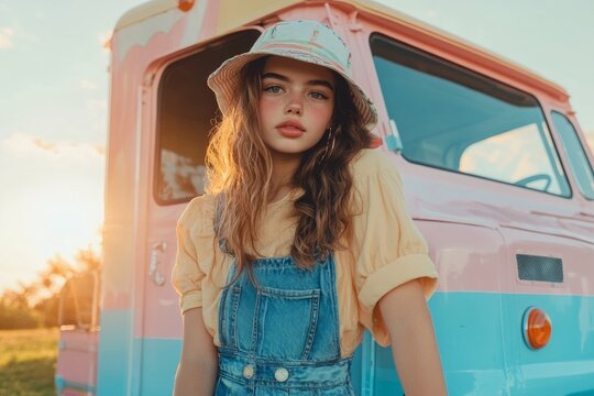 Gen Z girl in a bucket hat and baggy overalls, leaning against a retro ice cream truck, candid shot, soft sunset lighting, pastel-colored vehicle in the background - Powered by Adobe