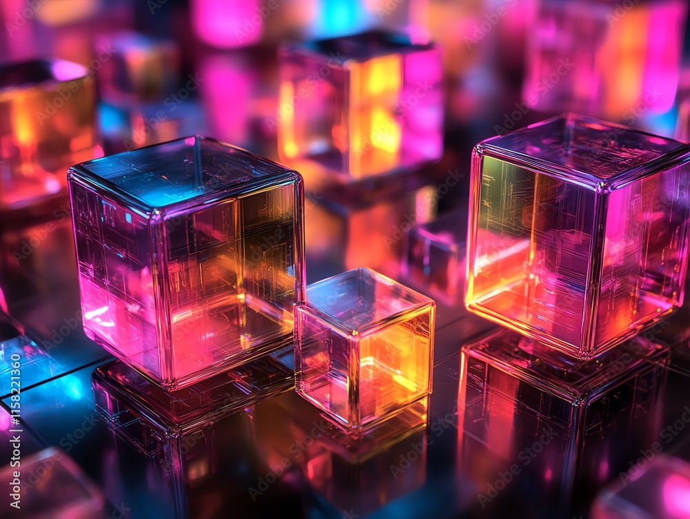 Aufkleber Abstract composition of colorful transparent cubes reflecting light in a vibrant setting.