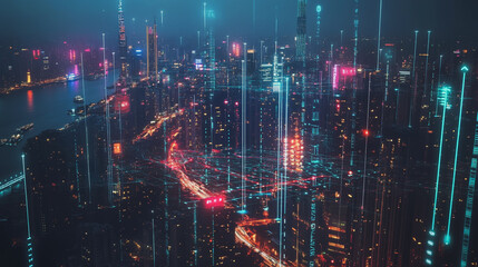 Fototapeta premium Smart Innovation city with connection cyber security network reciprocity over the night cityscape future wireless digital city and social media networking systems that connects people in the city