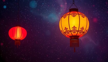Fototapeta premium Vibrant Lantern and Chinese lantern in Cosmic and Milky Way Background Generated by Ai