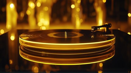 Obraz premium A glowing turntable with a reflective surface, showcasing a vinyl record in a vibrant setting.