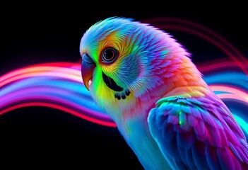 Fototapeta premium Vibrant Rainbow Budgie Bird Neon Light Trails Dark Background