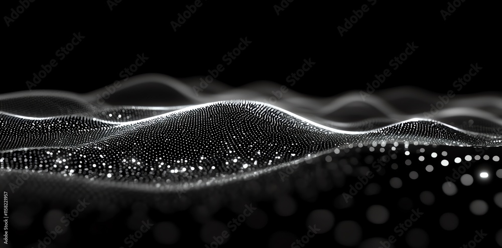 Aufkleber Abstract representation of waves created with dots and light against a black background.