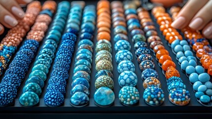 Colorful gemstone beads arranged on a black tray.