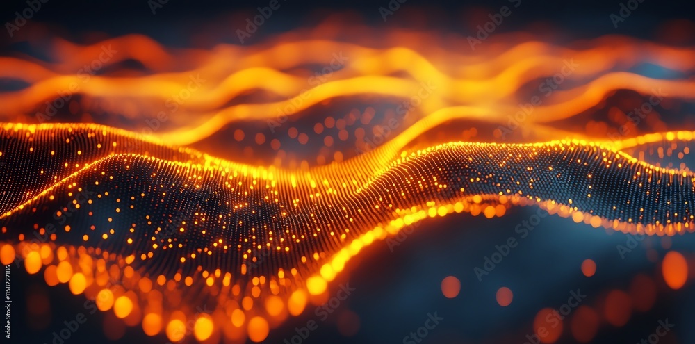 Poster Abstract visualization of glowing waves and particles, representing data or energy flow.