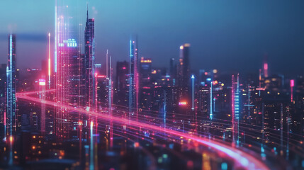 Fototapeta premium Smart Innovation city with connection cyber security network reciprocity over the night cityscape future wireless digital city and social media networking systems that connects people in the city