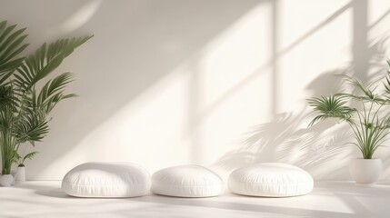 Minimalist room with cushions and plants.