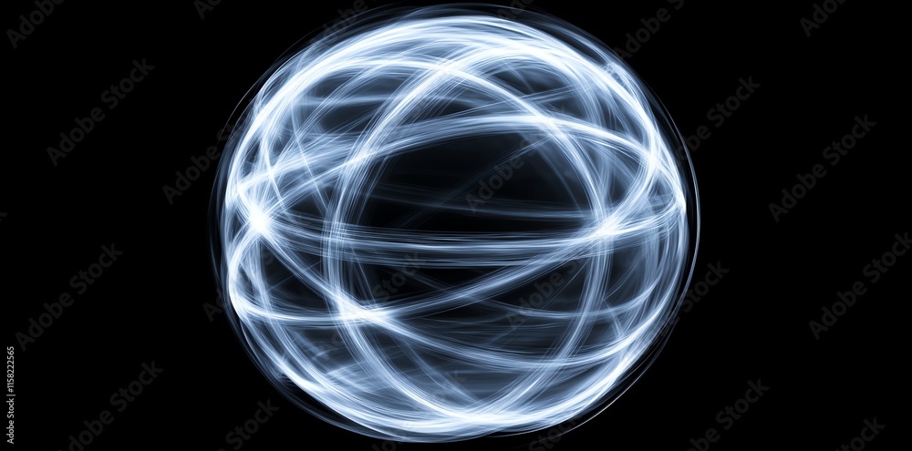 Poster a glowing sphere made of intertwining light trails on a black background.