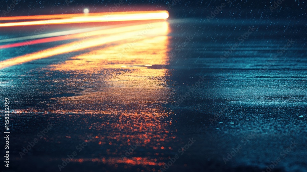 Poster Bright car light streaks illuminate wet night road with ample space for text display and creative design elements. Generative AI