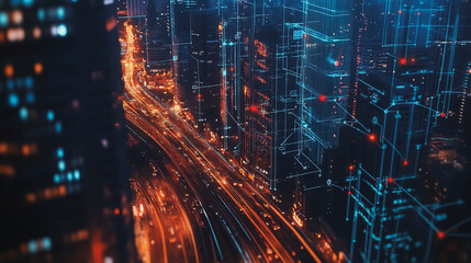 Smart digital Innovation city with connection network reciprocity over the cityscape. of future smart wireless digital city and social media networking systems that connects people with in city