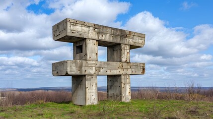 A weathered concrete cross, composed of interlocking blocks, stands amidst overgrown vegetation in a serene, yet decaying, forest setting.