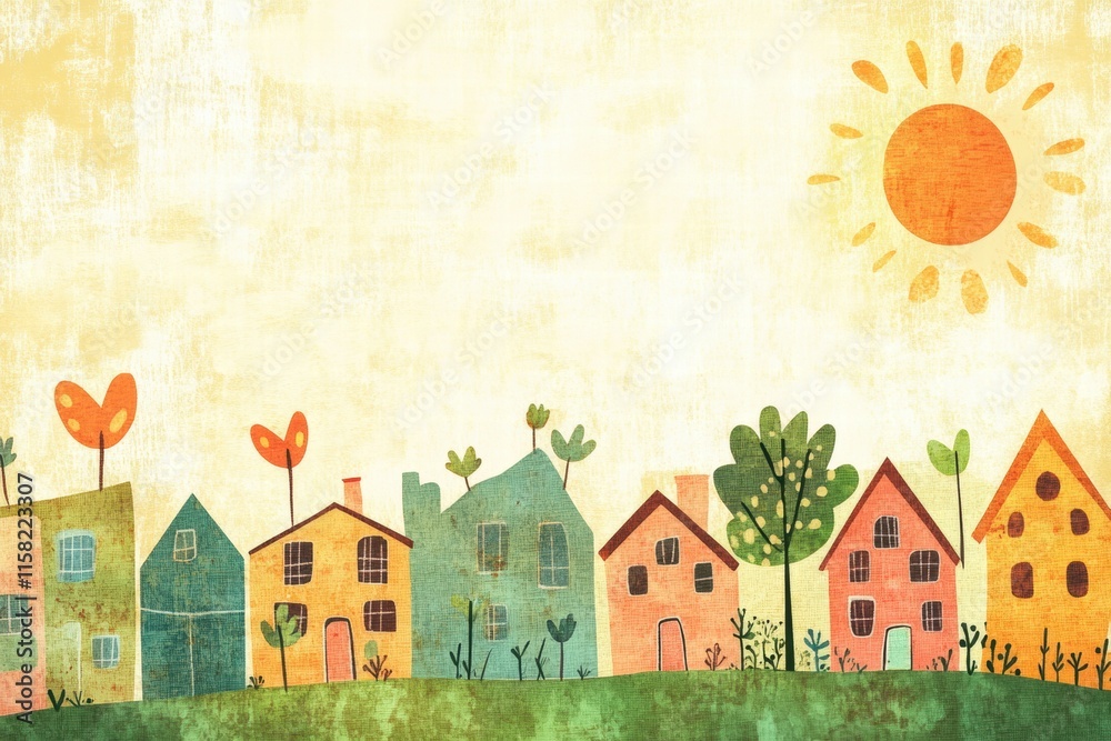 Aufkleber Colorful naive art style background featuring whimsical houses and a bright sun with ample copy space for text or design use. Generative AI